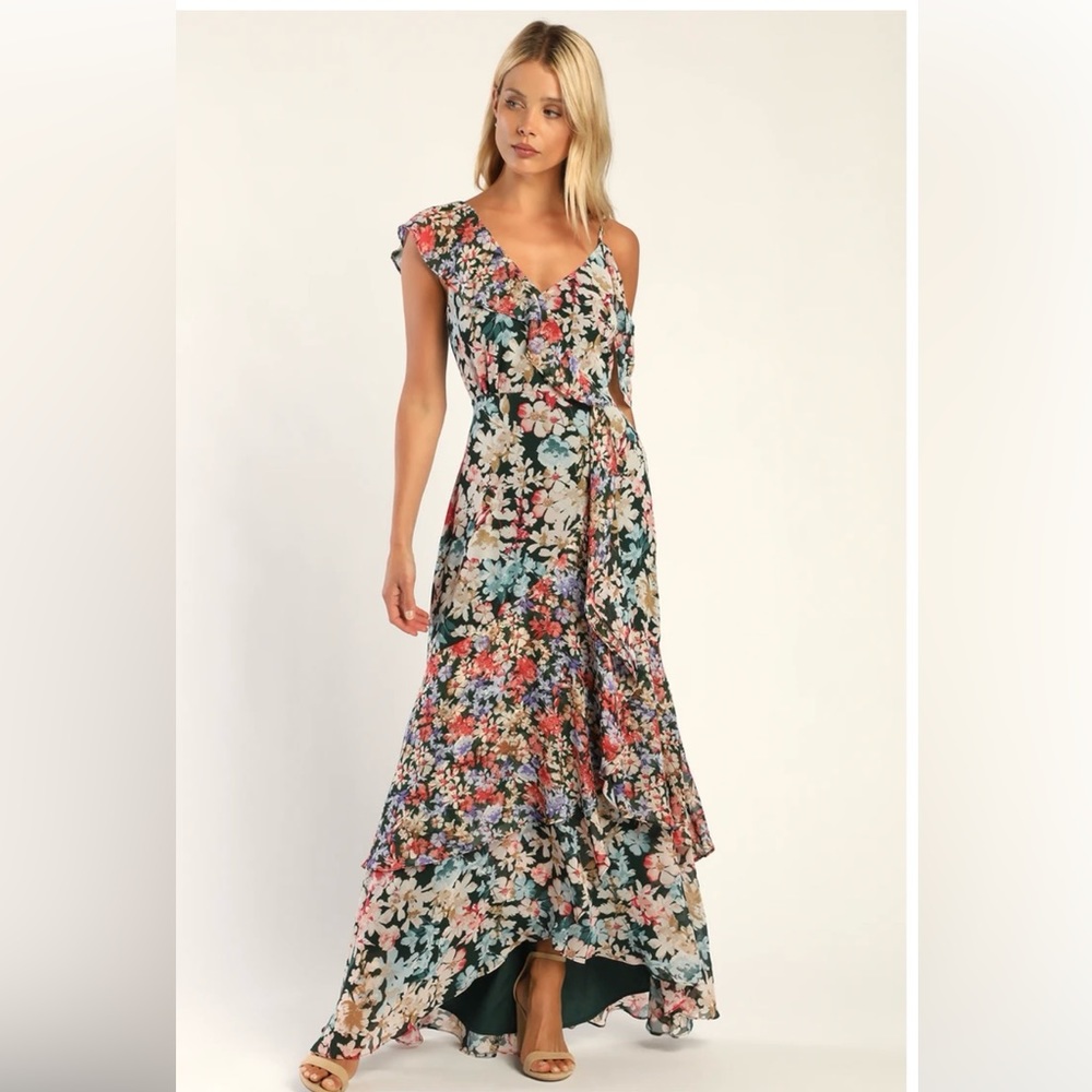 Lulu’s Radiant Hunter Green Floral Print Chiffon Maxi Dress